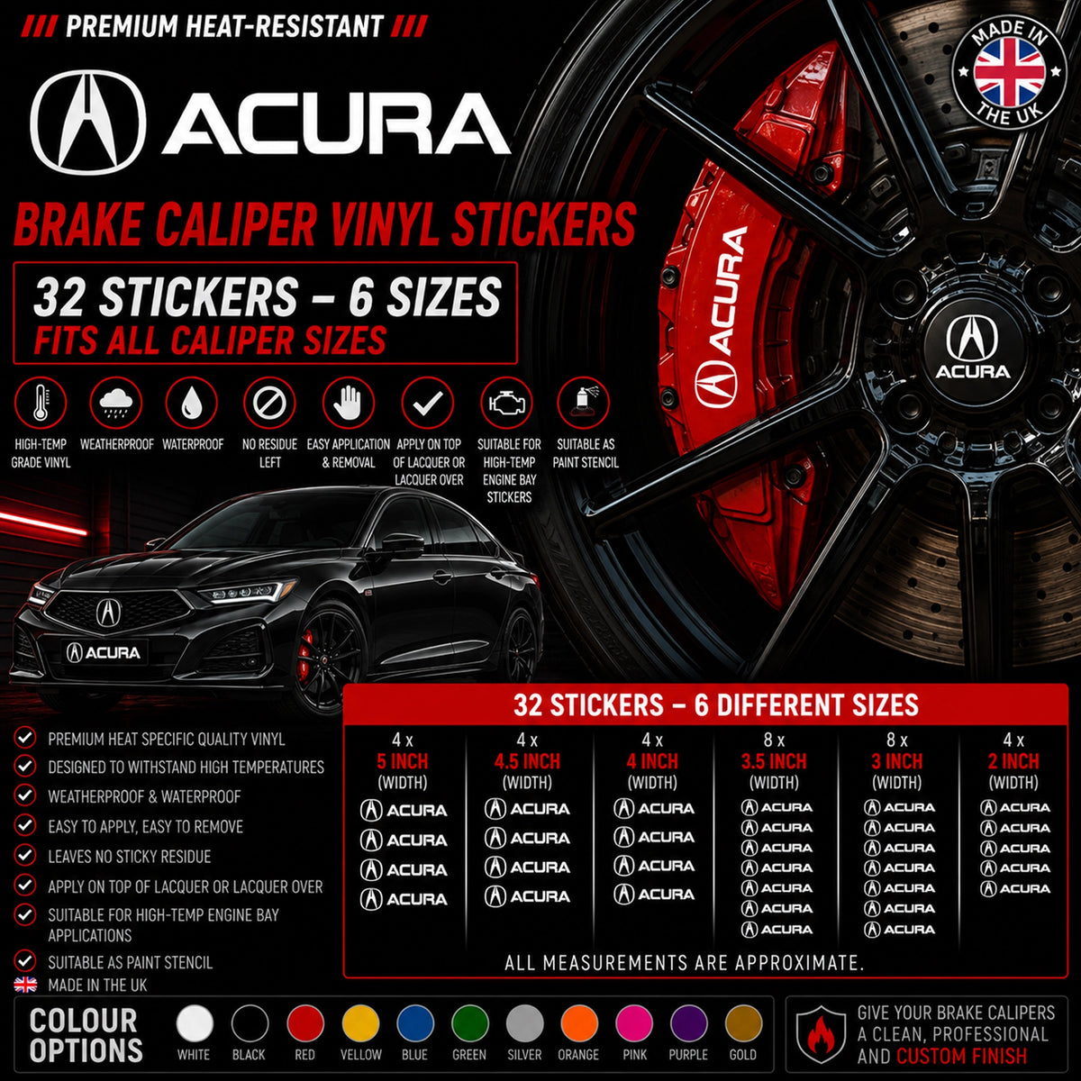 Honda Acura Break Caliper Quality Vinyl Decal Stickers