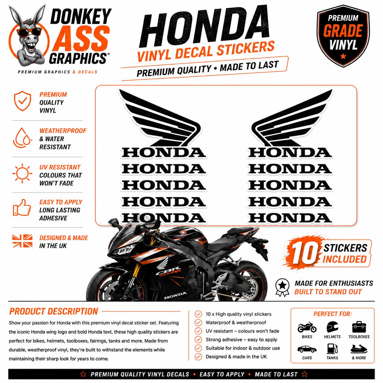 Honda Motorcycle Wing Vinyl Decal Sticker Set (10 Stickers)