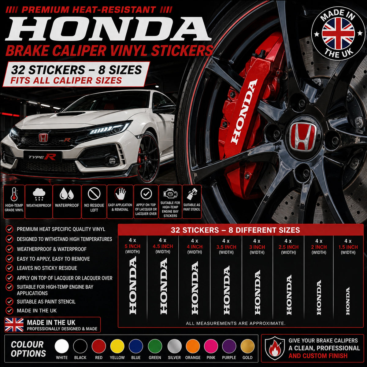 HONDA Break Caliper Quality Vinyl Decal Stickers