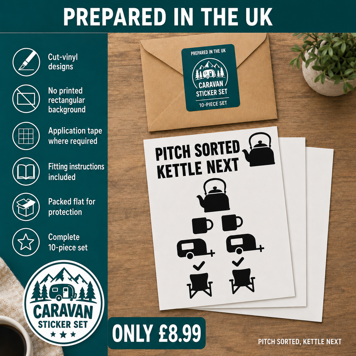 Caravan Sticker Set, Pitch Sorted, Kettle Next, 10 Camping Decals, 16 Colour Choices